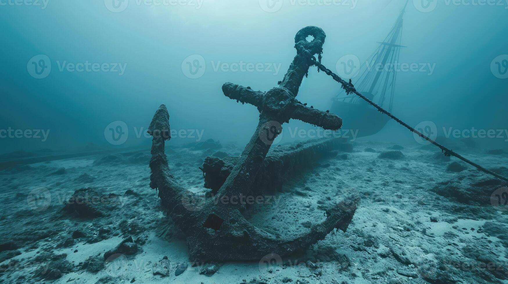 AI generated Anchor of old ship underwater on the bottom of the ocean photo