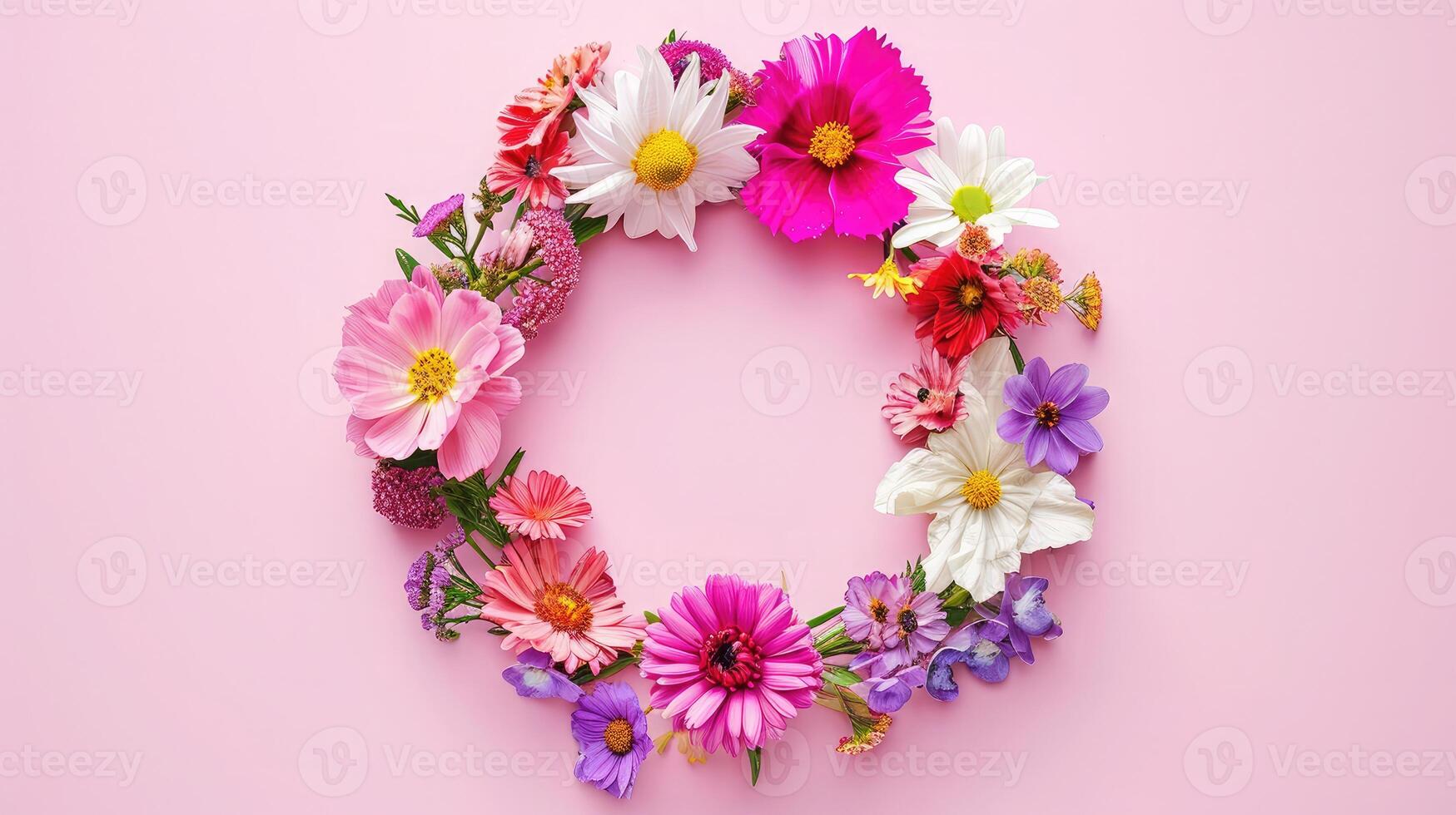 AI generated Spring wreath made of colorful flowers on pink background, place for text, holiday concept. Flat lay photo