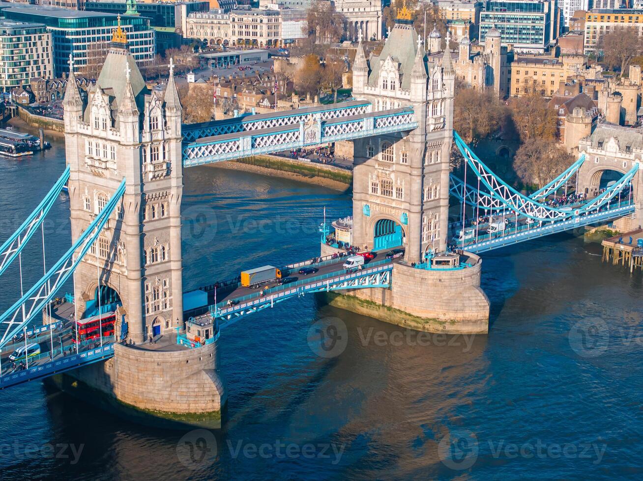 Aerial view of the Iconic Tower Bridge connecting Londong with Southwark photo