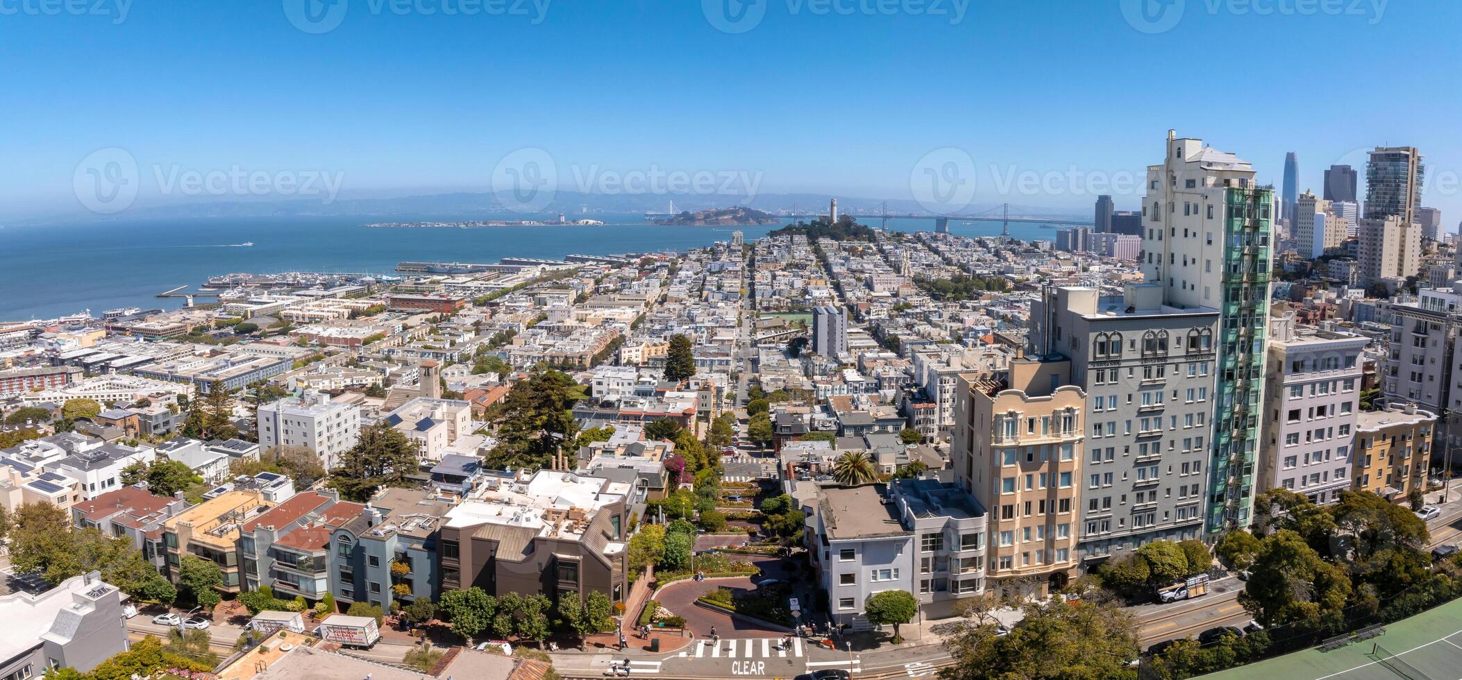 Panoramic view of aerial Lombard Street, an east west street in San Francisco, California. photo