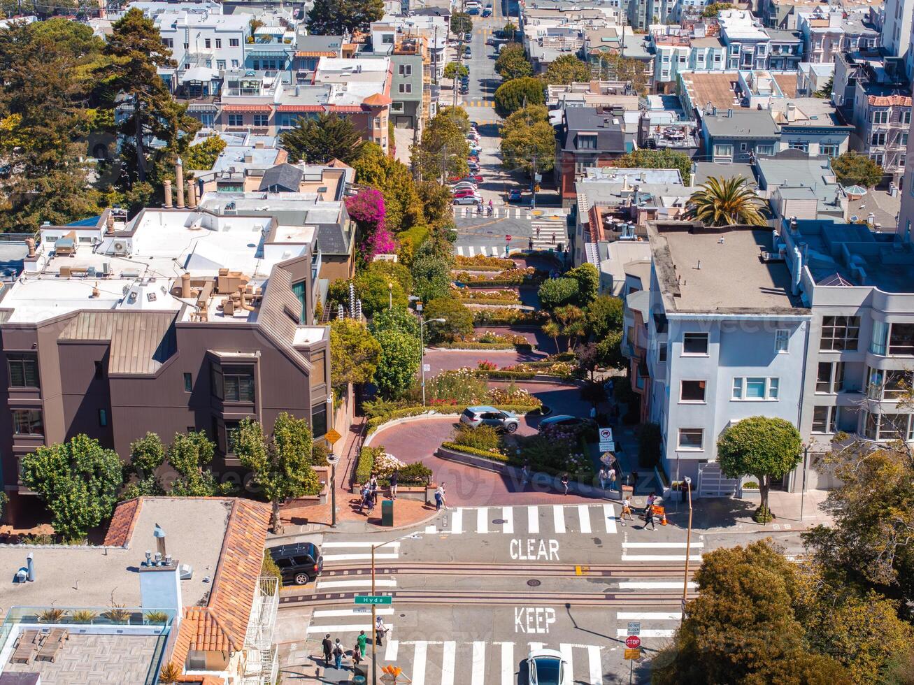 Panoramic view of aerial Lombard Street, an east west street in San Francisco, California. photo