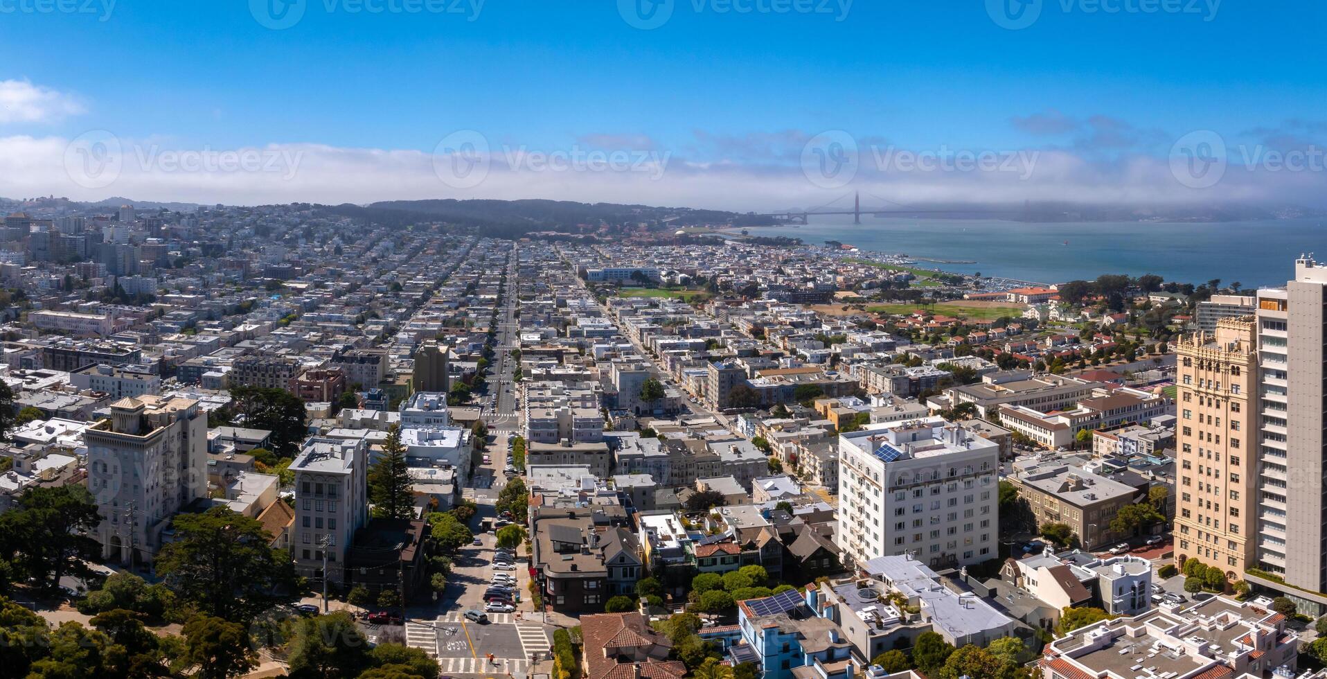 Panoramic view of aerial Lombard Street, an east west street in San Francisco, California. photo