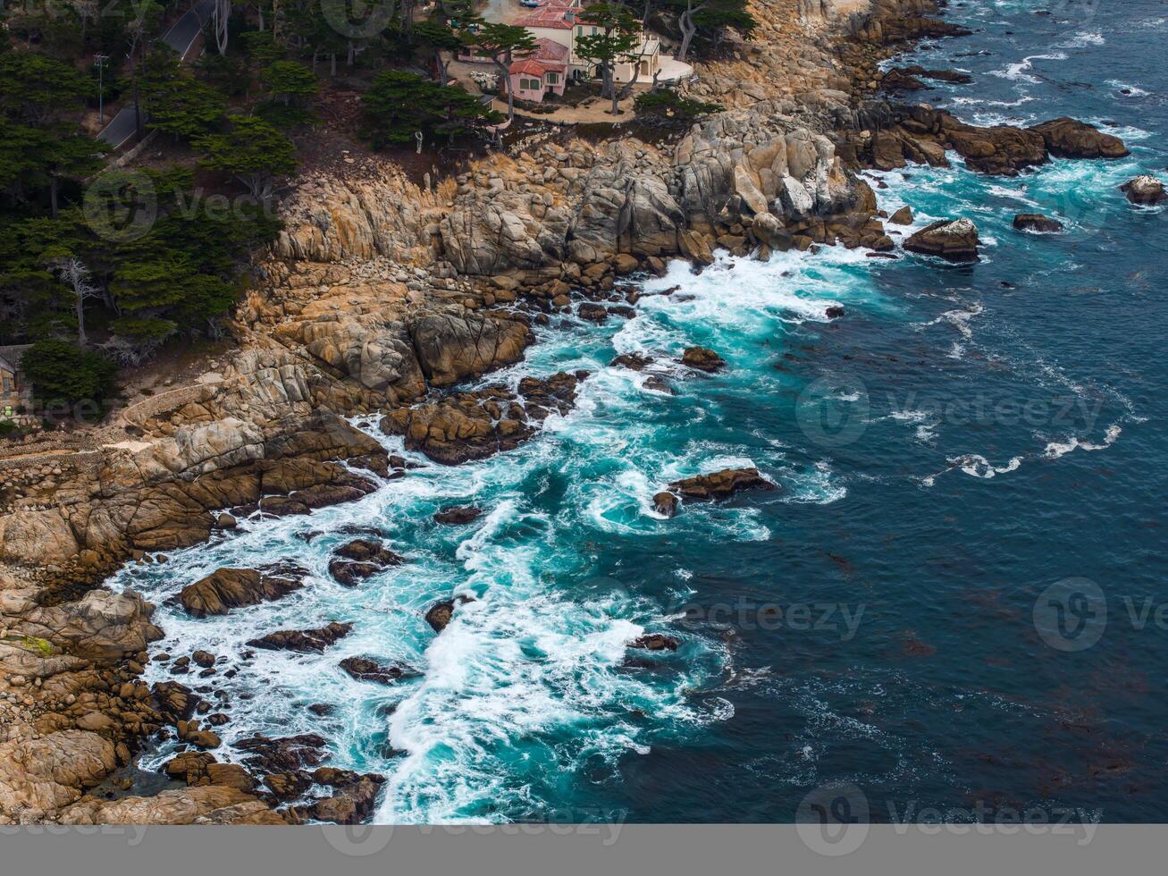 17 mile drive nature. Beautiful aerial view of the Pacific ocean photo