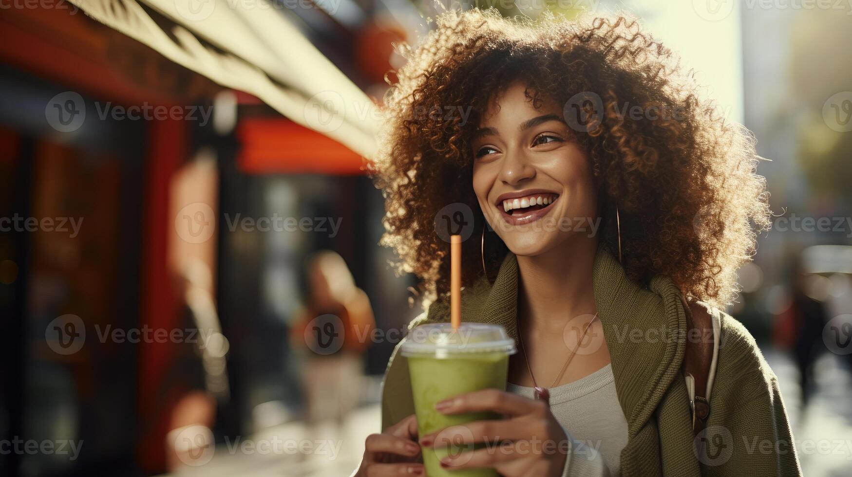 AI generated Satisfied Curly-Haired Woman Enjoying Healthy Detox Vegetable Smoothie Outdoors. Joyful Lady in Casual Jacket Smiling, Prioritizing a Nourishing Diet, and Leisurely Strolling in the City photo
