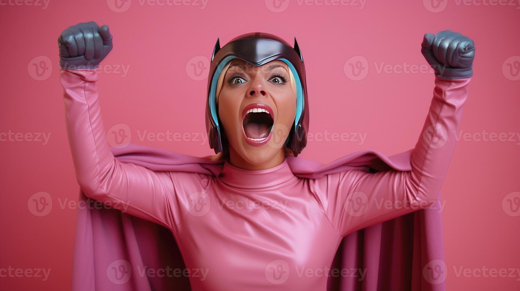 AI generated Female superhero with extraordinary abilities, ready to perform heroic deeds. She is making a flying gesture. She is courageously fighting evil on a pink background. photo
