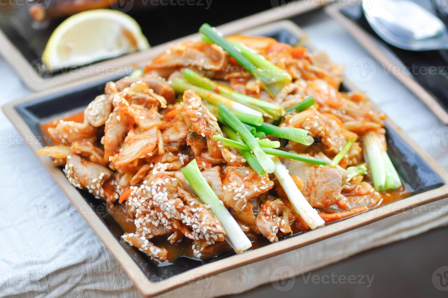 stir fried pork with chinese cabbage and kim chi photo