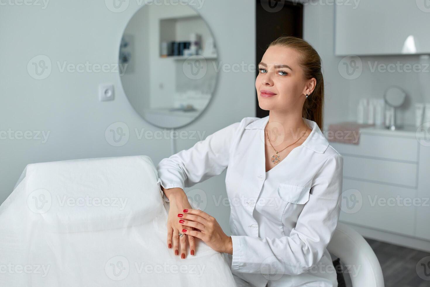 Consultation in cosmetology clinic. Female beauty doctor in white coat and black gloves crossed hands. Healthcare concept. photo