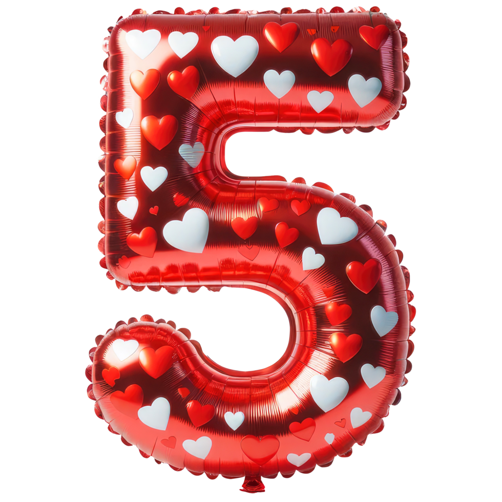 AI generated Red Heart Balloon Foil in Shape of Number 5 png