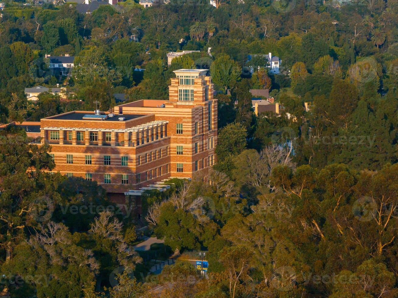 Late Afternoon Glow Over Modern Multi-Story Building Amidst Lush Greenery and Autumn Trees photo