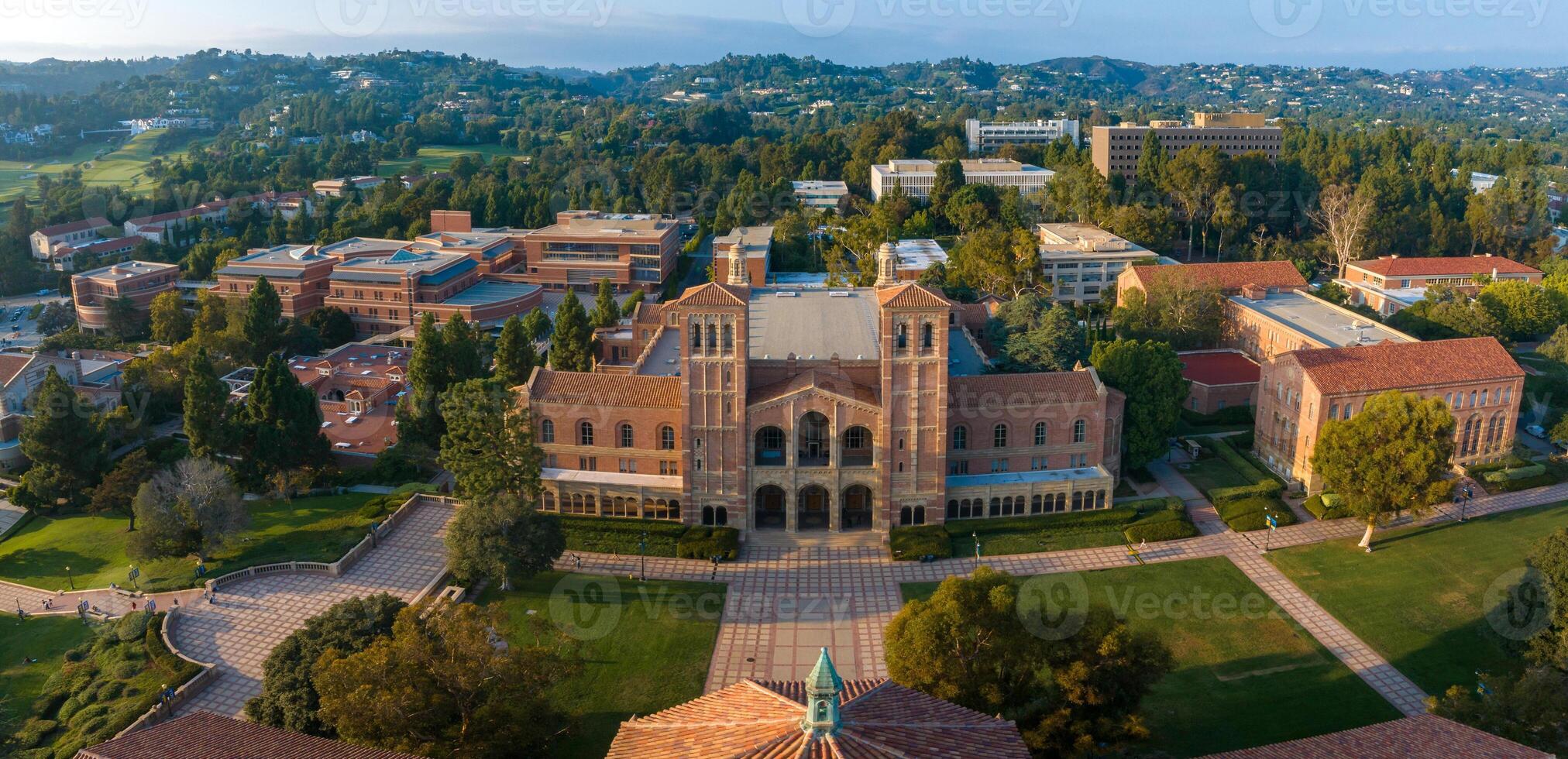 Aerial View of UCLA Campus Featuring Royce Hall in Serene Morning Light, Urban Westwood Surroundings photo