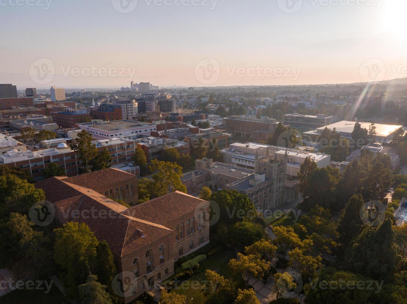 Golden Hour Over UCLA Campus Aerial View of Diverse Architecture and Los Angeles Cityscape photo