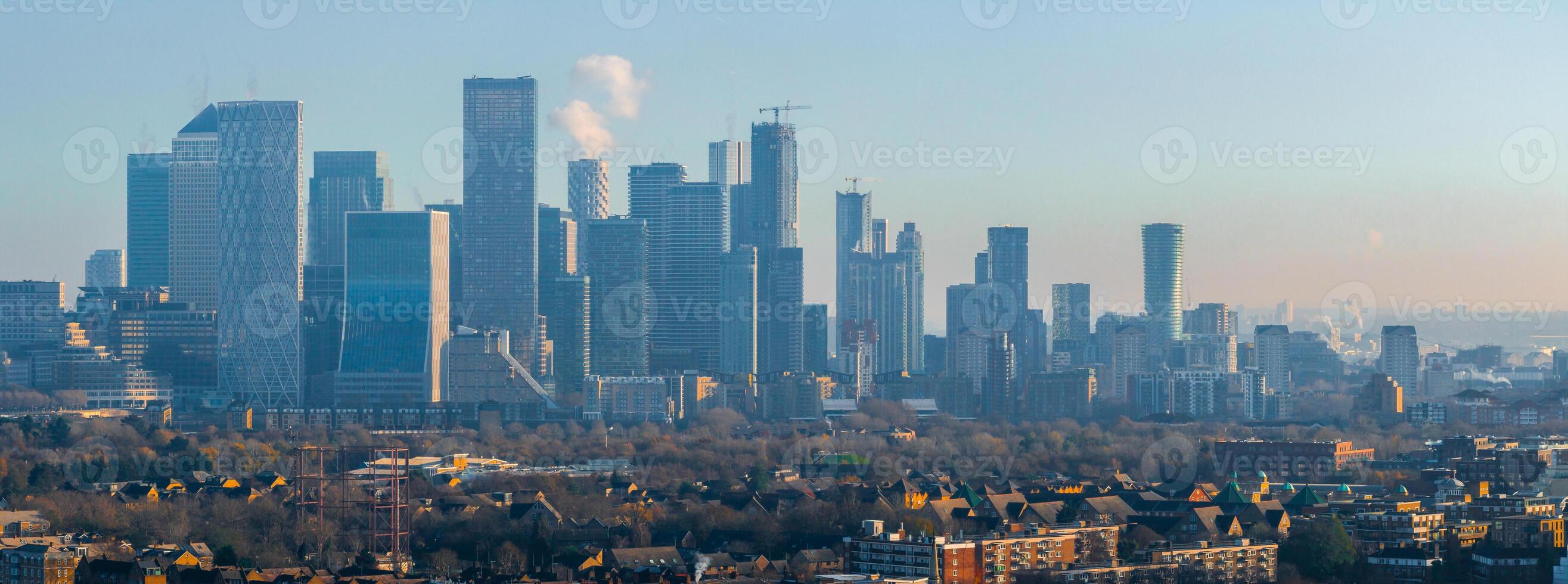 Aerial view of the Canary Wharf business district in London. photo