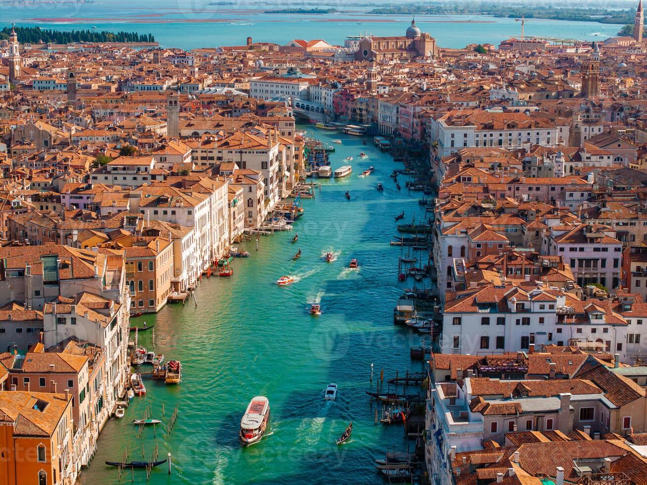 Aerial View of Venice near Saint Mark's Square, Rialto bridge and narrow canals. photo