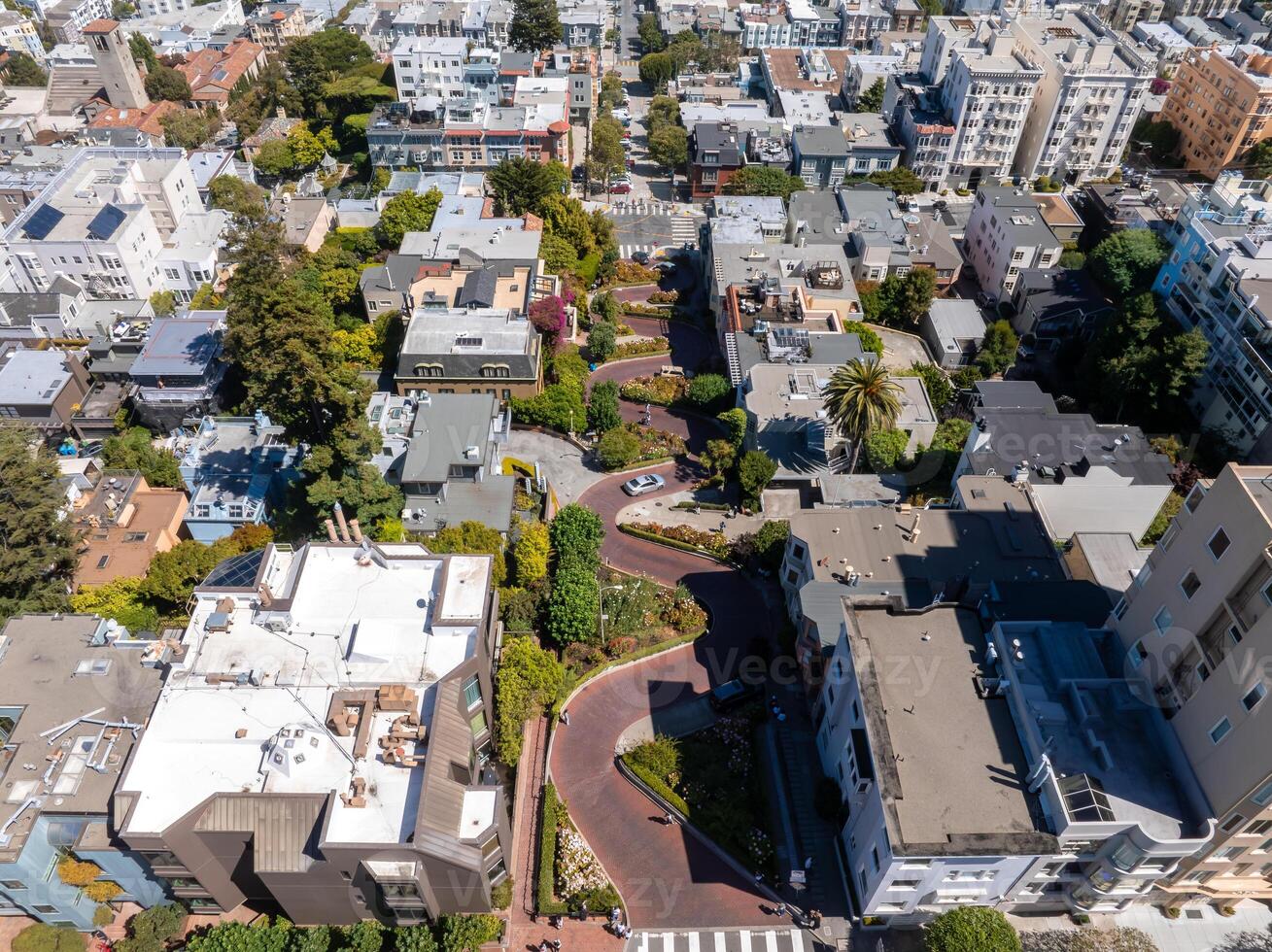 Panoramic view of aerial Lombard Street, an east west street in San Francisco, California. photo