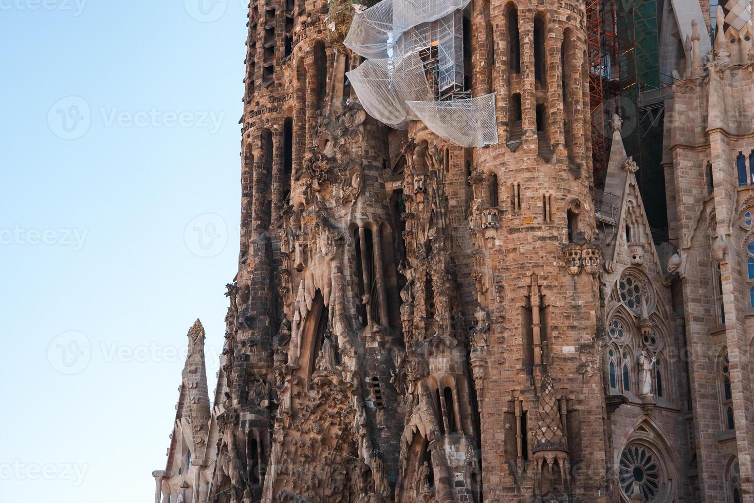 CloseUp View Sagrada Familia's Detailed Facade in Barcelona, Spain. photo