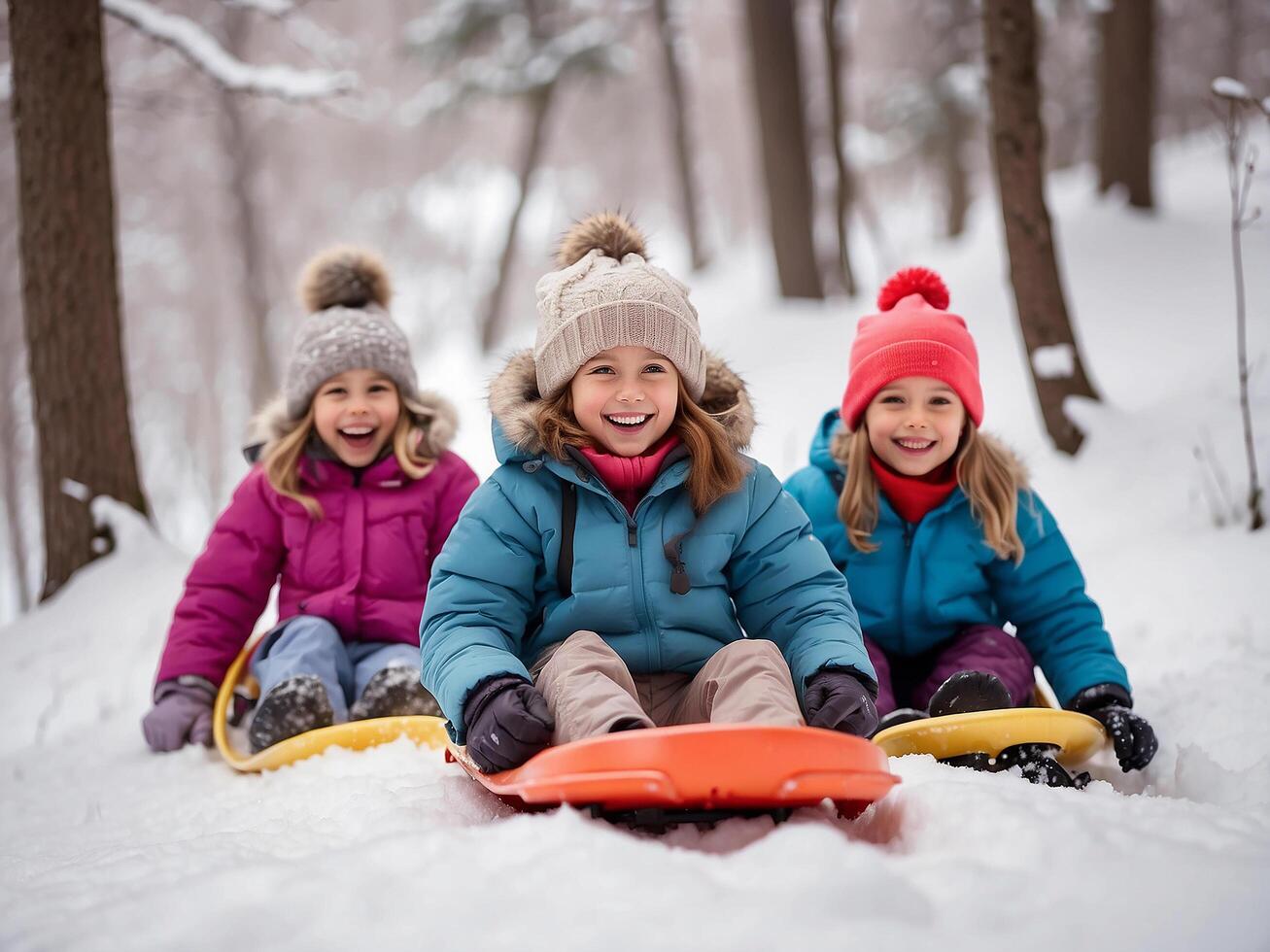 ai generado pequeño niños caminando en el Nevado bosque foto