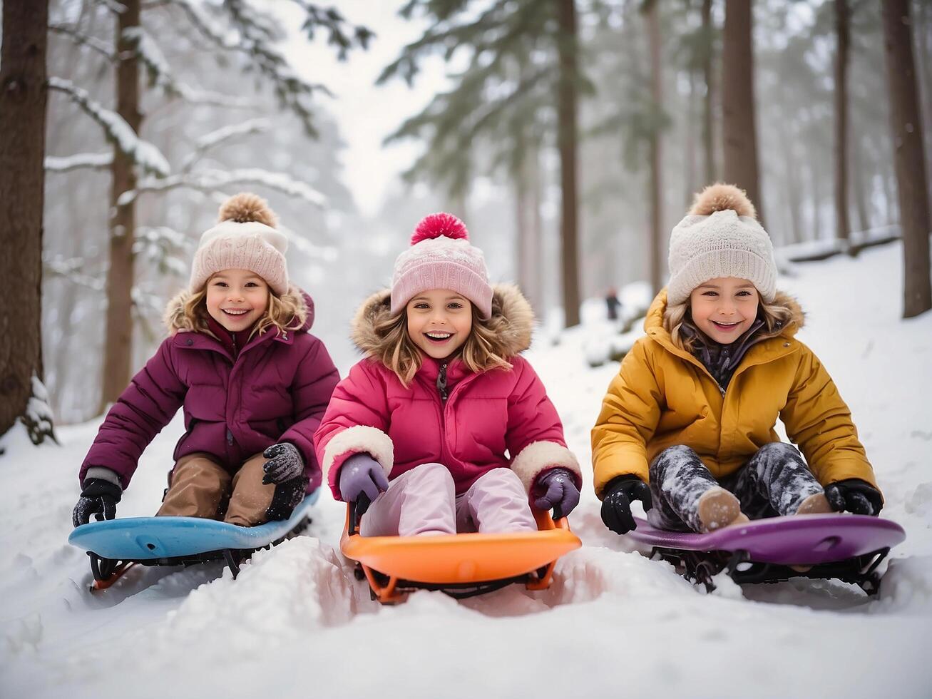 AI generated little children walking in the snowy forest photo