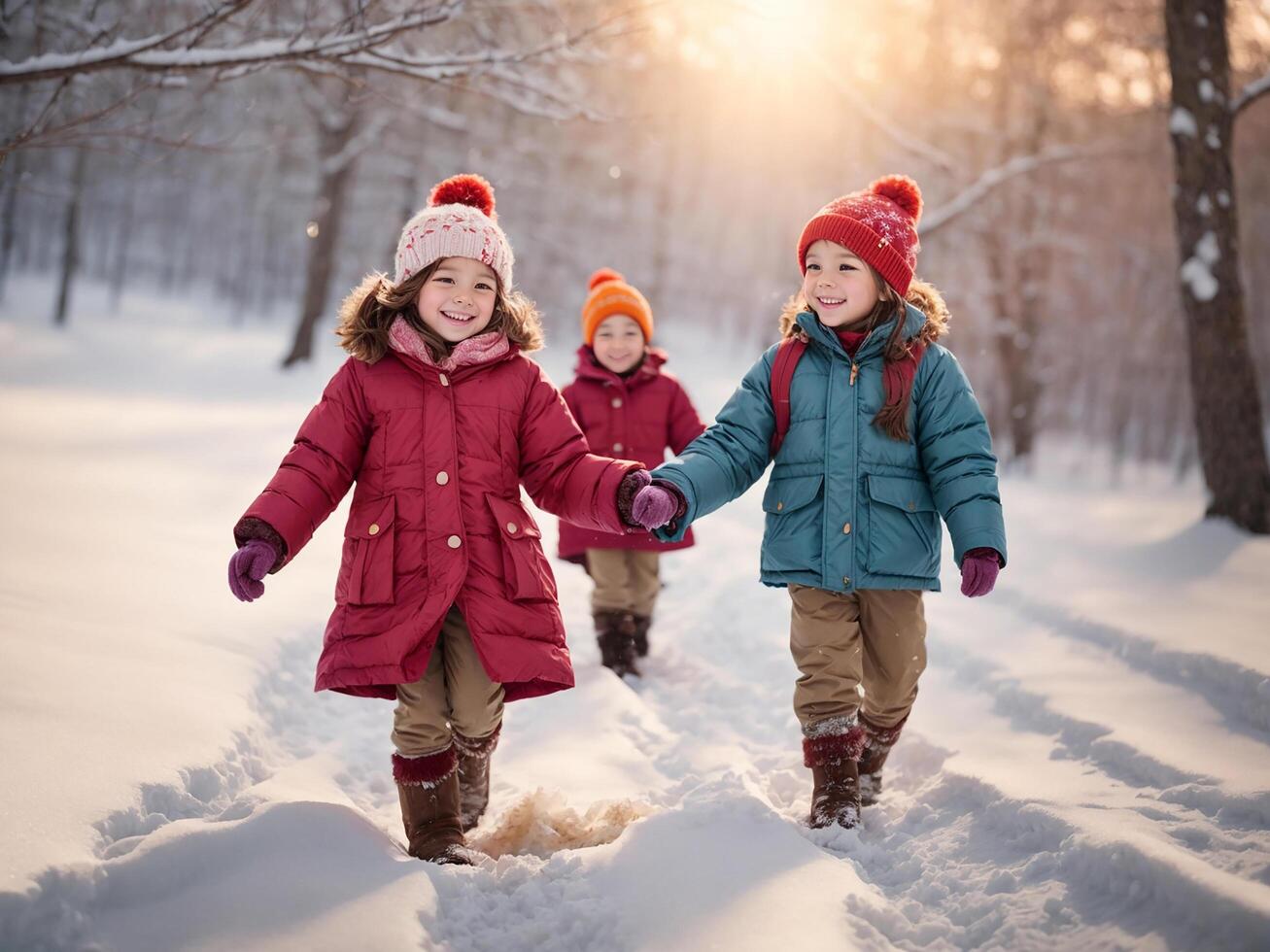 AI generated little children walking in the snowy forest photo