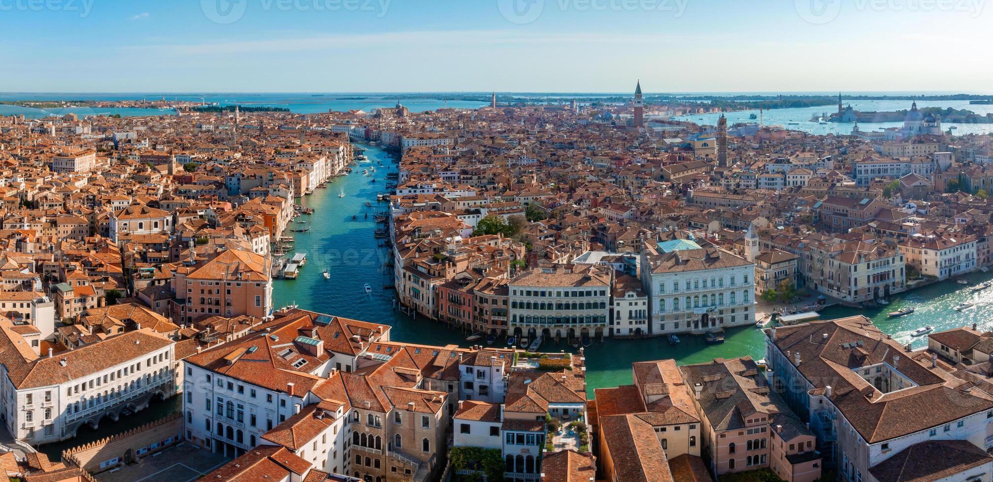Aerial View of Venice near Saint Mark's Square, Rialto bridge and narrow canals. photo