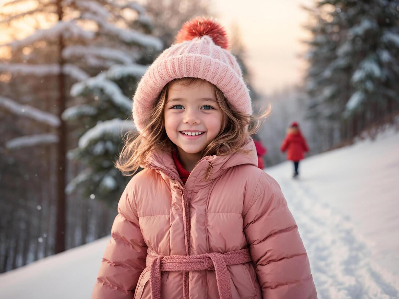 ai generado pequeño niños caminando en el Nevado bosque foto