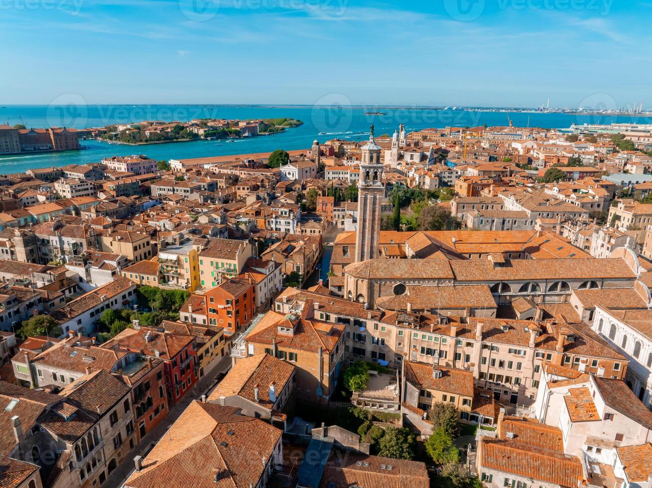 Aerial View of Venice near Saint Mark's Square, Rialto bridge and narrow canals. photo