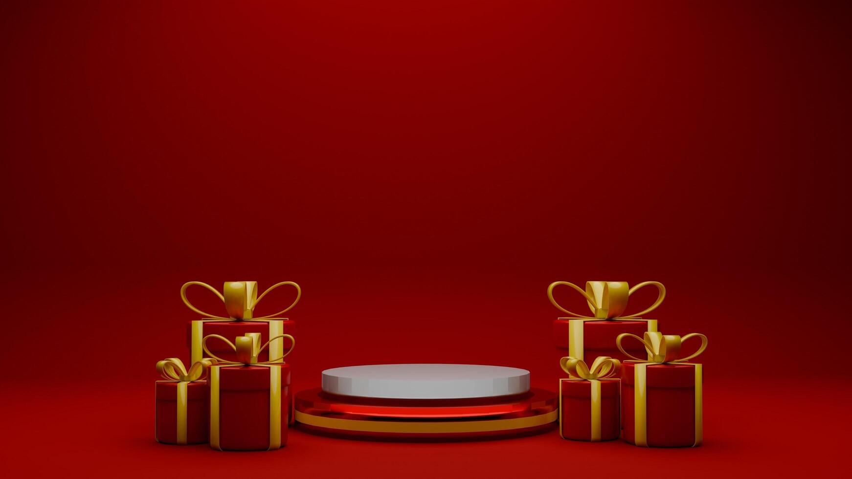 3D rendered red and gold valentine themed podium display featuring of gift boxes photo