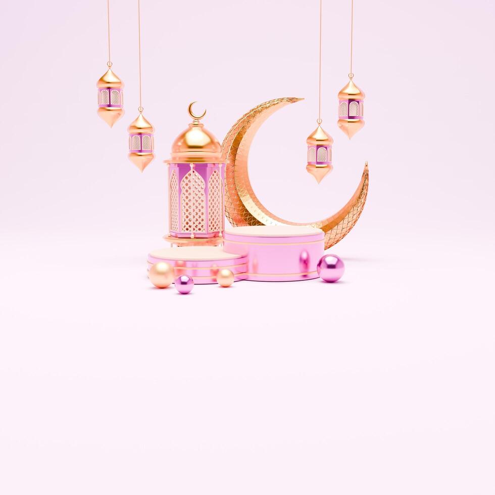3D Render Ramadan Podium Background with lantern and islamic ornaments for social media post photo