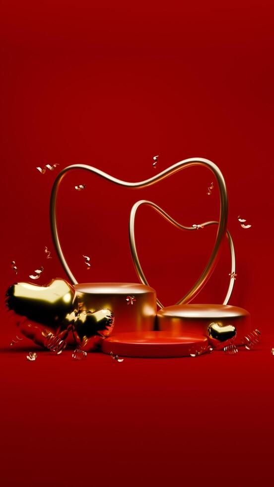 3D rendered red and gold valentine themed podium display featuring of confetti and love balloons for social media story template photo