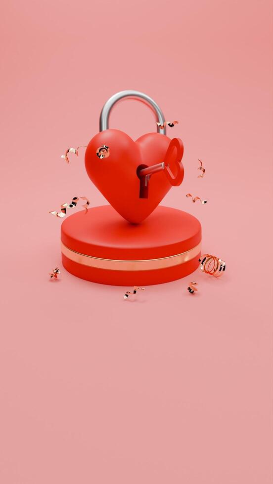 3D rendered red and gold valentine themed of love lock and confetti for social media post photo