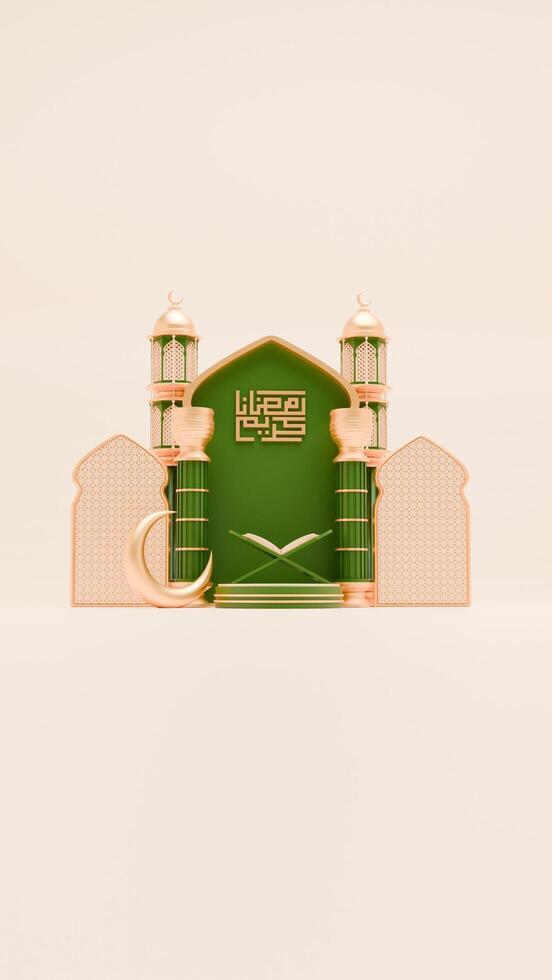 3D Render Ramadan Background with mosque, quran, pillar and islamic ornaments for social media story template photo