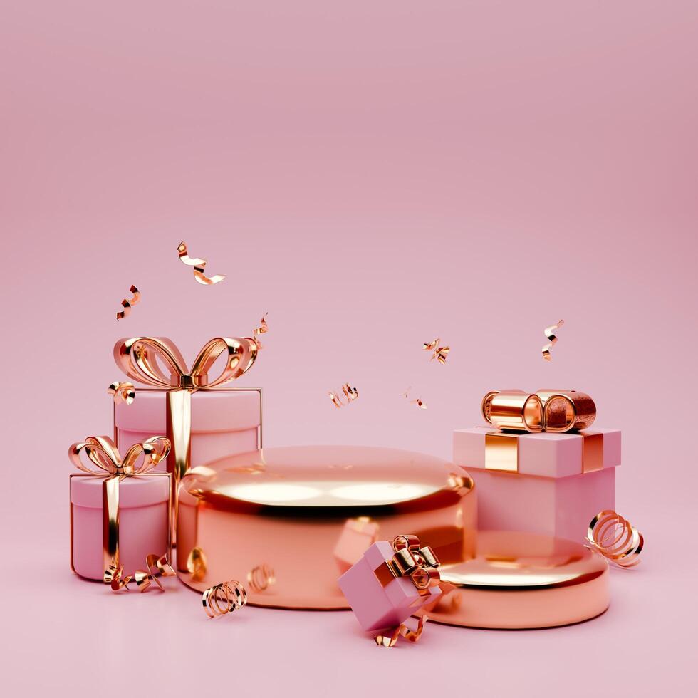 3D rendered pink and gold valentine themed podium display featuring of confetti and gift boxes for social media post template photo