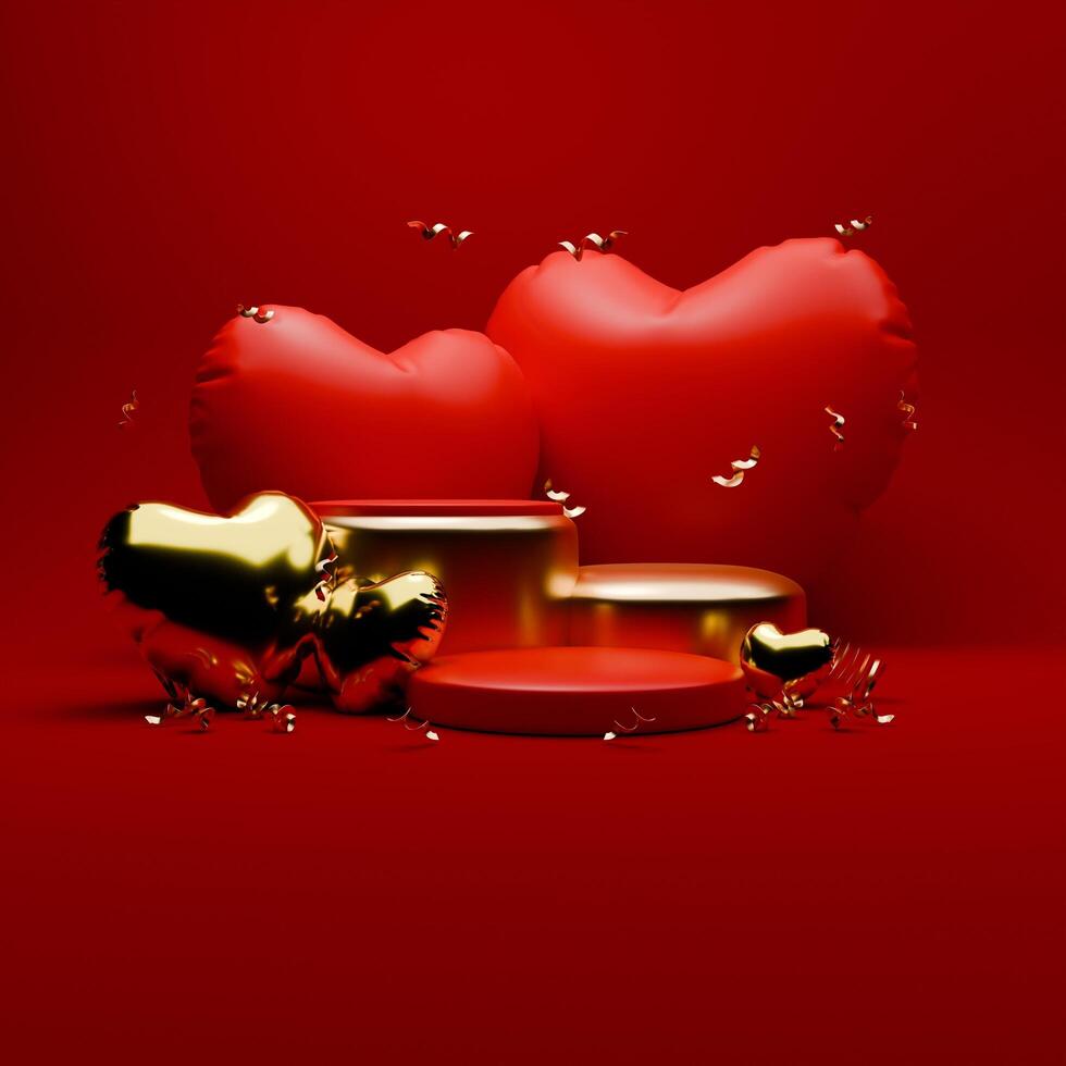 3D rendered red and gold valentine themed podium display for social media post photo