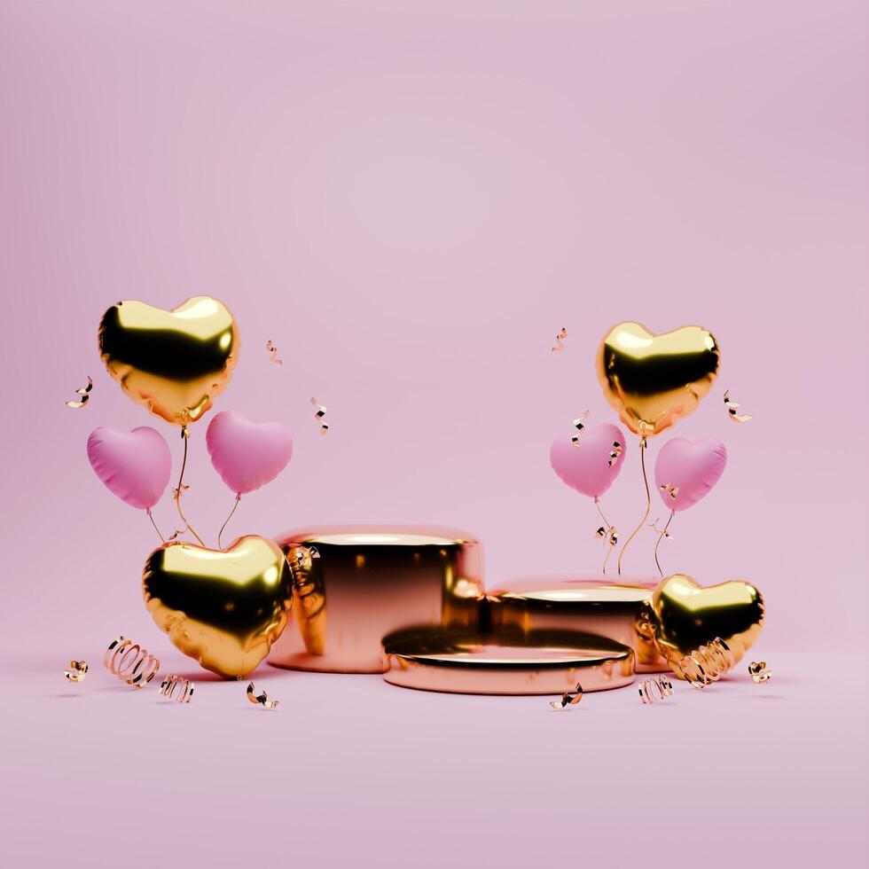 3D rendered pink and gold valentine themed podium display featuring of confetti and love balloons for social media post template photo