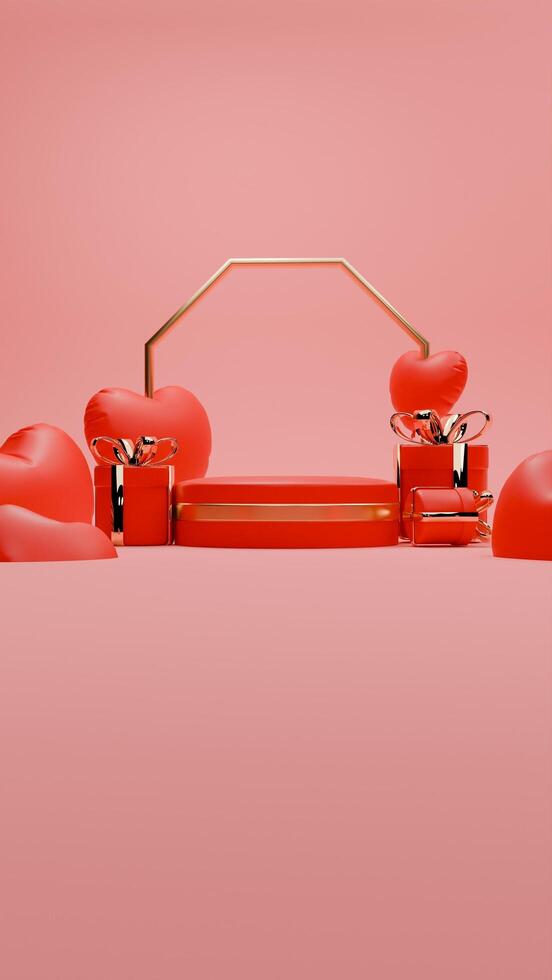 3D rendered red and gold valentine themed podium display for social media story photo