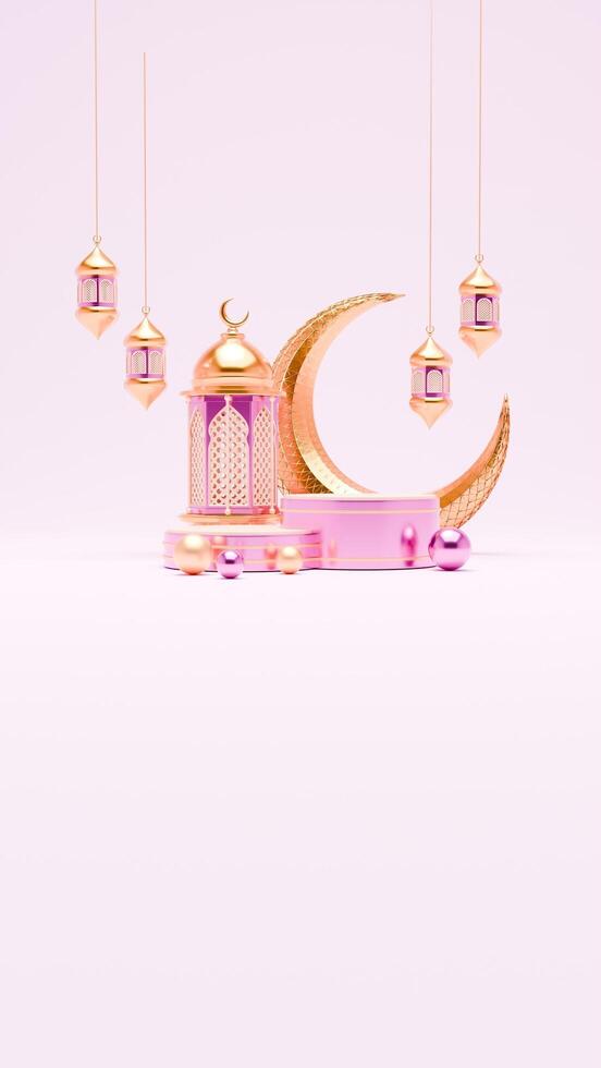 3D Render Ramadan Podium Background with lantern and islamic ornaments for social media story photo