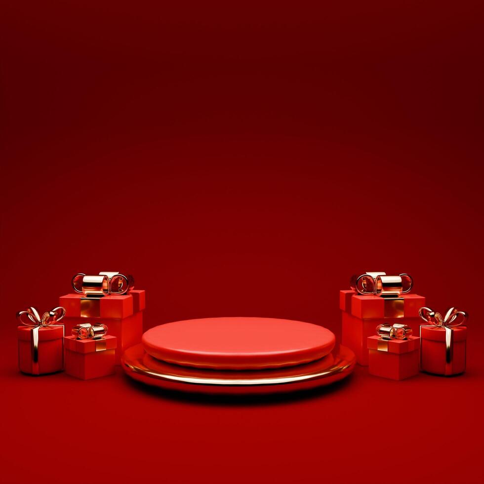 3D rendered red and gold valentine themed podium display featuring of gift boxes for social media post template photo