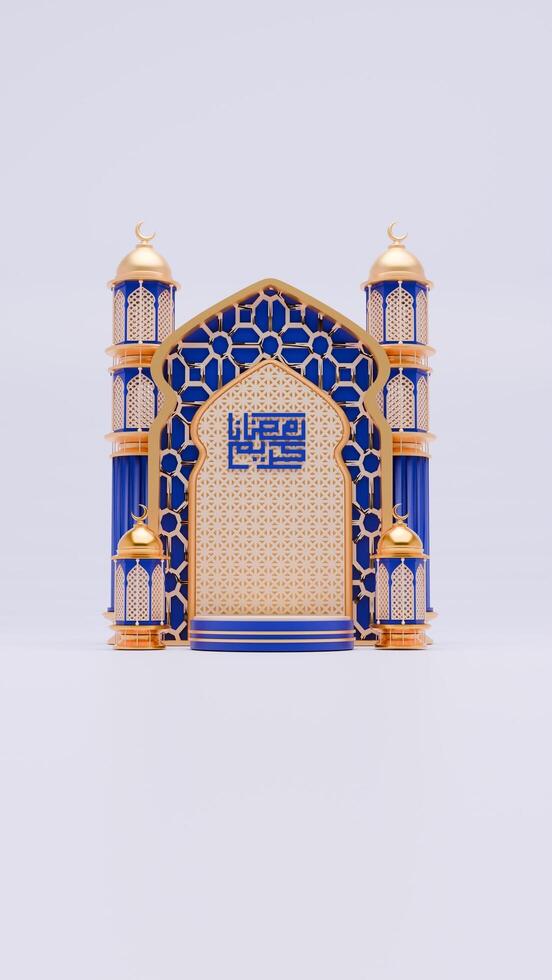 3D Render Ramadan podium background with mosque, pillar and islamic ornaments for social media story template photo