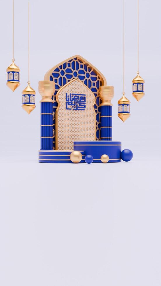 3D Render Ramadan podium background with mosque, pillar and islamic ornaments for social media story template photo