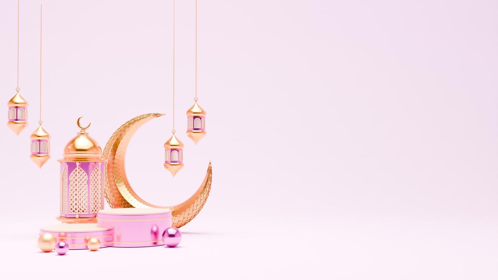 3D Render Ramadan Podium Background with lantern and islamic ornaments for banner template photo