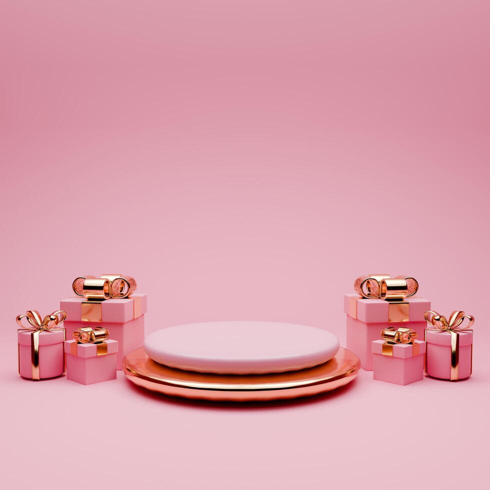 3D rendered pink and gold valentine themed podium display featuring of gift boxes for social media post template photo