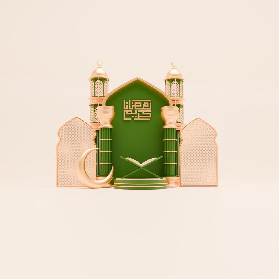 3D Render Ramadan Background with mosque, quran, pillar and islamic ornaments for social media post template photo