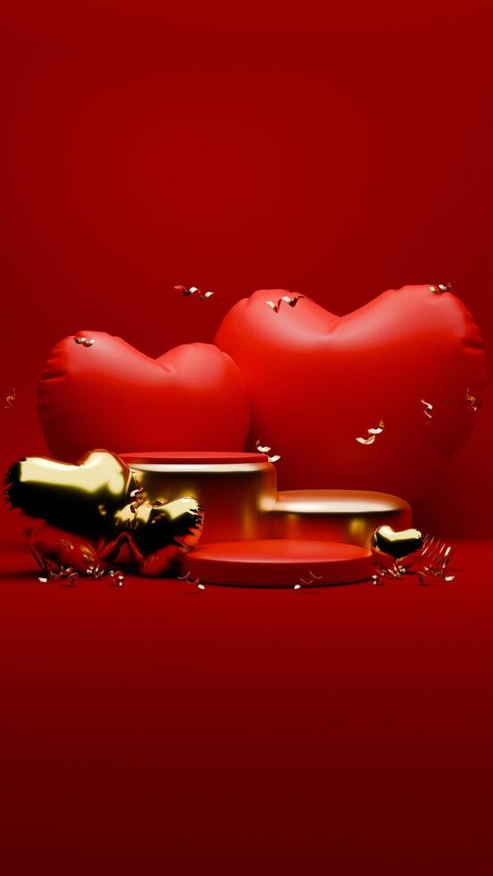 3D rendered red and gold valentine themed podium display for social media story photo