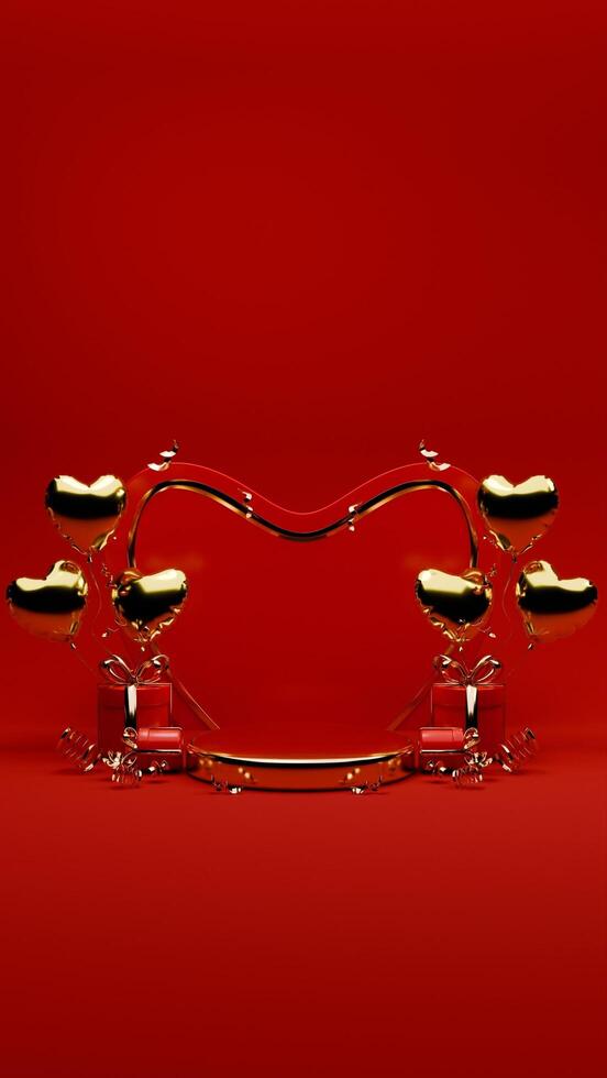 3D rendered red and gold valentine themed podium display featuring of confetti, gift boxes, and love balloons for social media story template photo