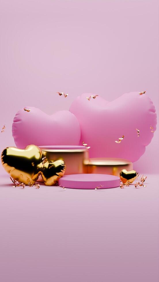 3D rendered pink and gold valentine themed podium display for social media story photo