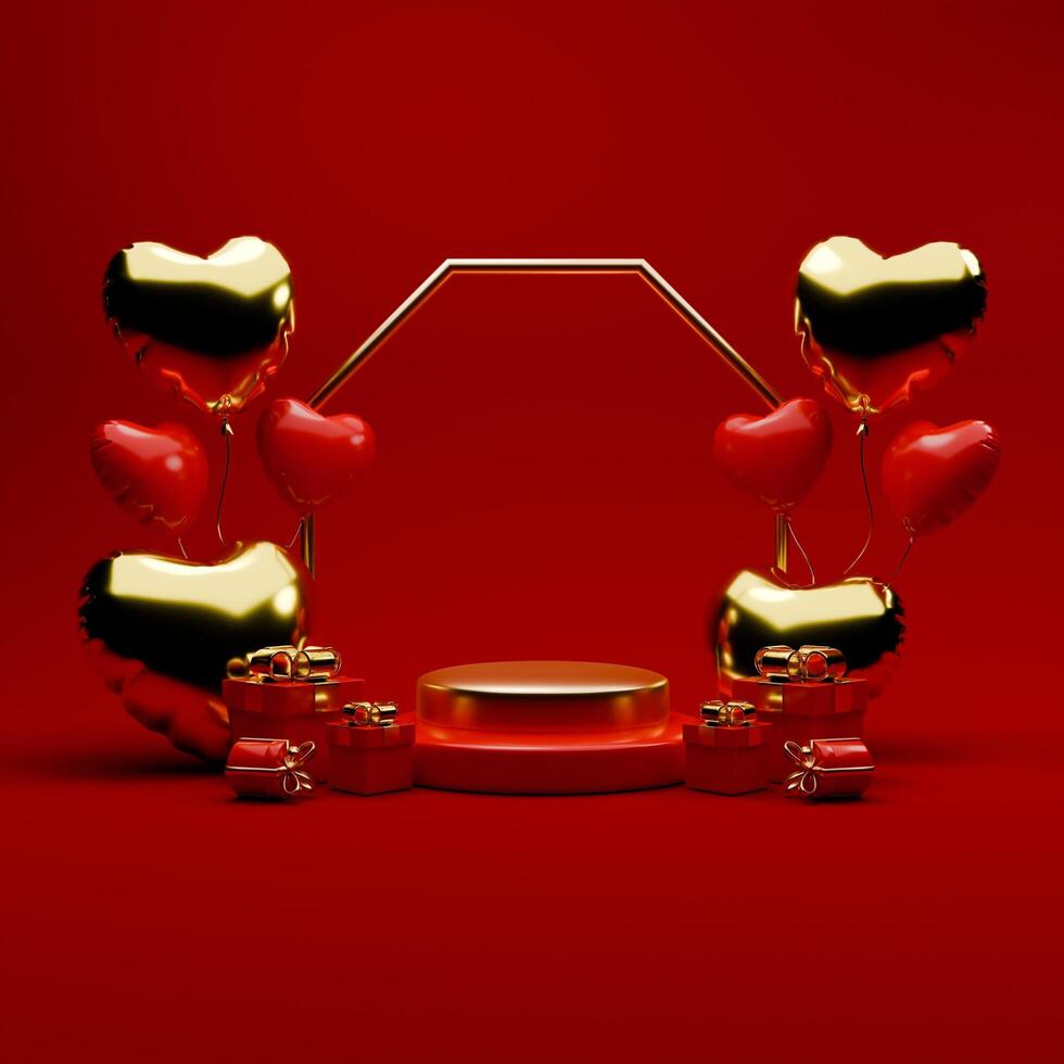 3D rendered red and gold valentine themed podium display featuring of gift boxes and love balloons for social media post template photo