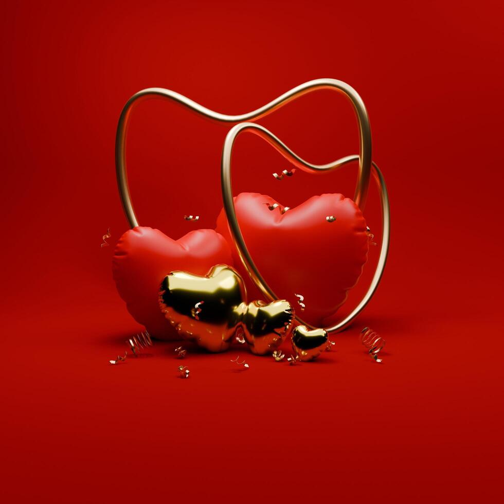 3D rendered red and gold valentine themed of confetti and love balloons for social media post photo