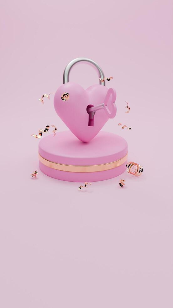 3D rendered purple and gold valentine themed of love lock and confetti for social media story photo