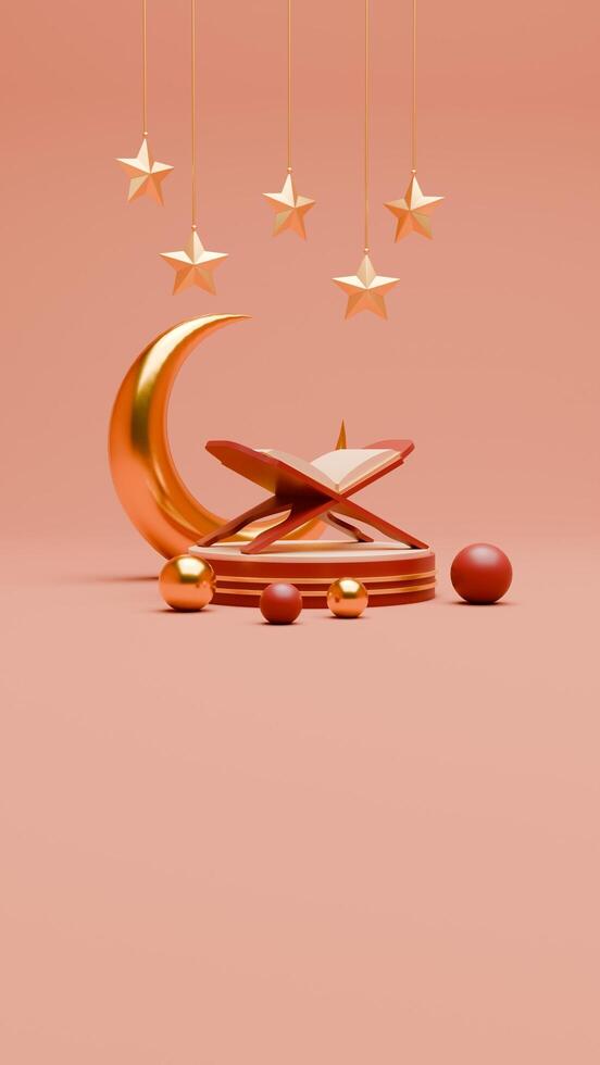 3D Render Ramadan Background with quran and islamic ornaments for social media story template photo