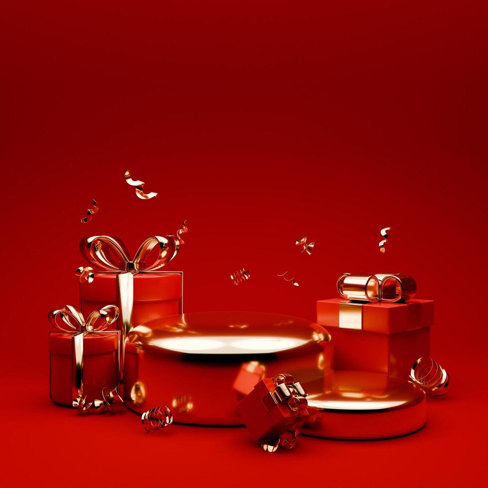 3D rendered red and gold valentine themed podium display featuring of confetti and gift boxes for social media post template photo
