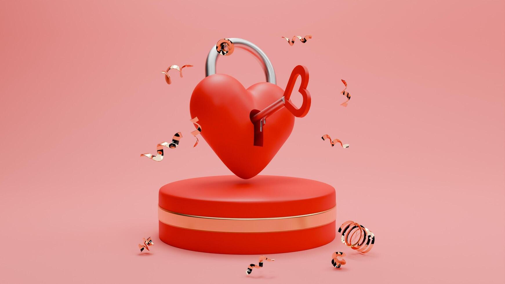 3D rendered red and gold valentine themed of love lock and confetti photo